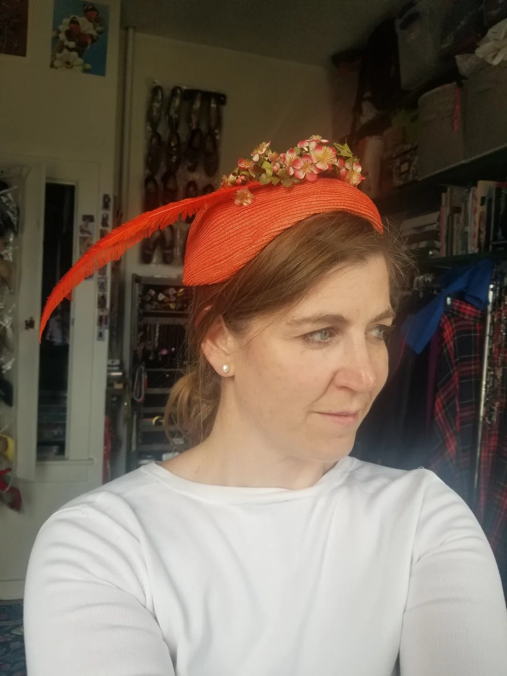 Vintage Tangerine Orange Floral Feather Pillbox Hat